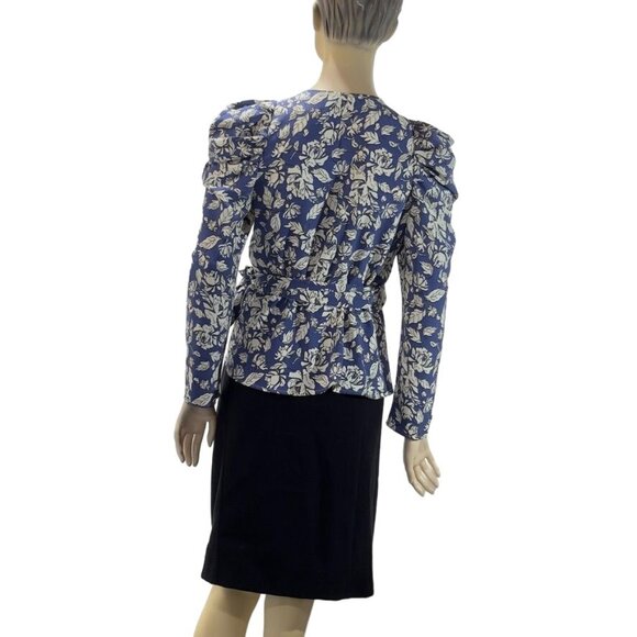 ASTR The LABEL Top Polyester Royal Blue Floral Attached Side Tie Wrap Puffed Gat - Picture 10 of 16